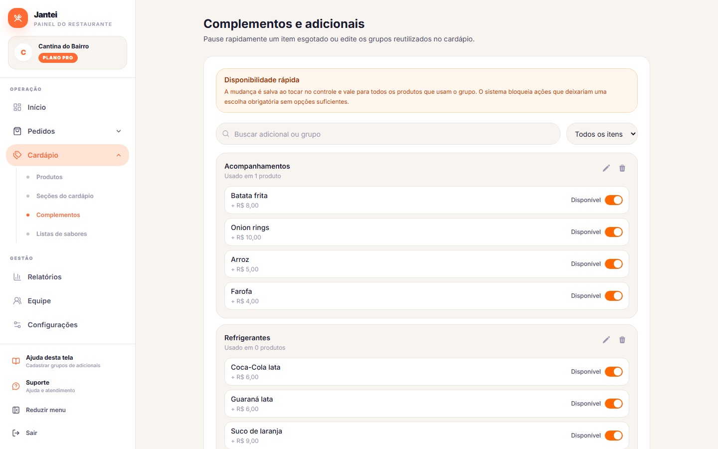 Tela de Complementos com dois grupos cadastrados e suas opcoes
