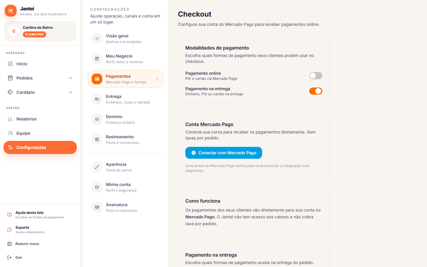 Tela de Pagamentos com as formas de recebimento