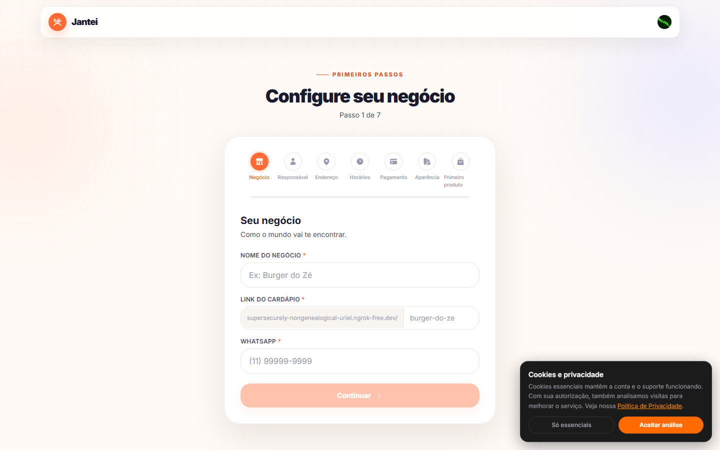 Primeiro passo do cadastro, com a trilha dos sete passos no topo