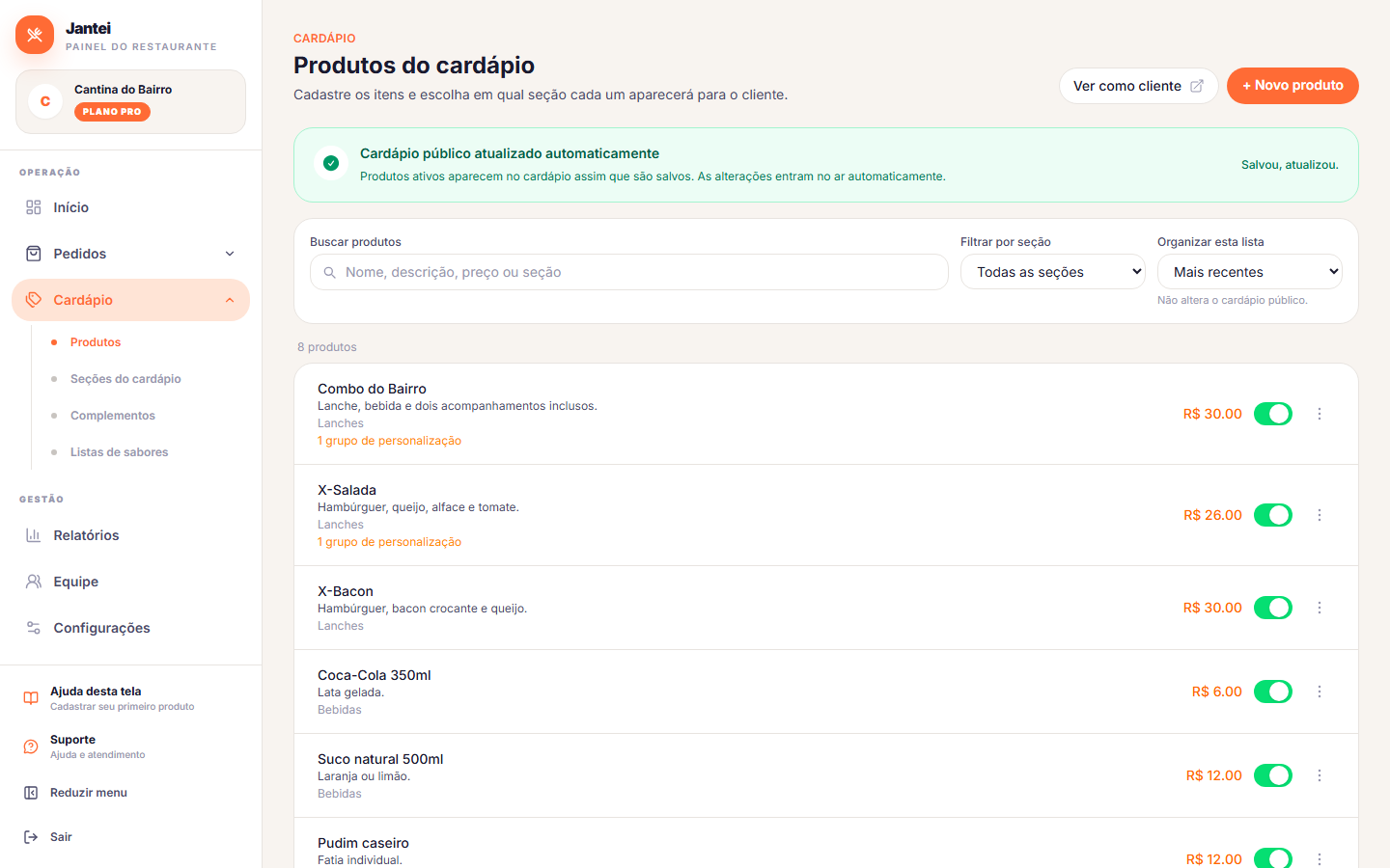 Lista de produtos do cardapio, com o botao de criar no canto superior direito