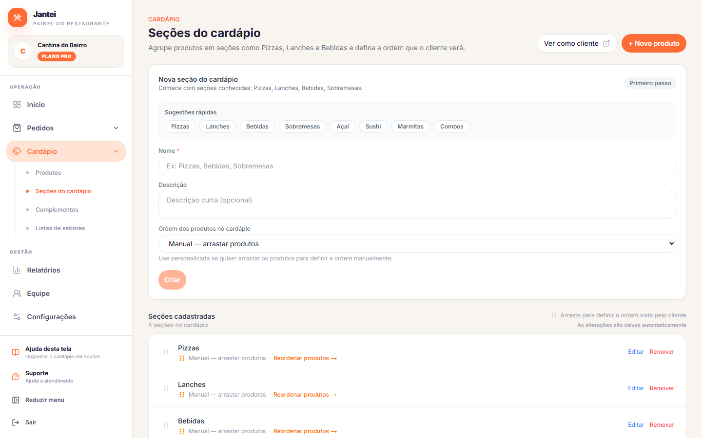 Tela de secoes do cardapio com quatro secoes cadastradas